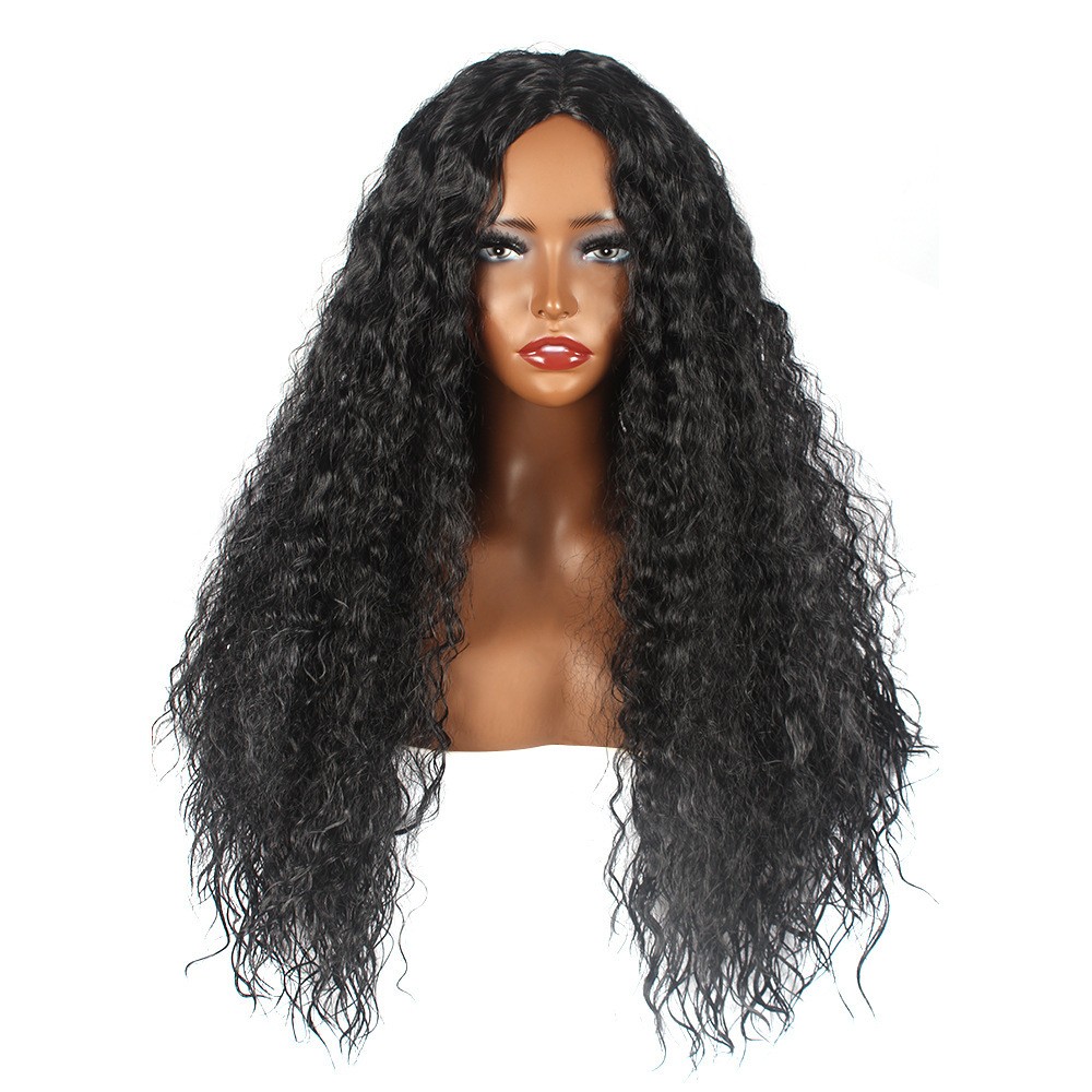 Black Water Wave Yaki Curly Wig with Middle Part Heat Resistant Synthetic Full