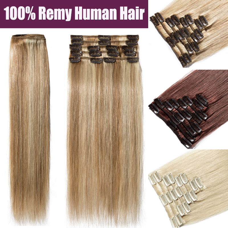 US Real Clip In 100% Remy Human Hair Extensions Full Head Highlight 18″20″22″24″
