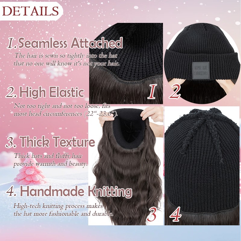 8 In Hat Wig With Hair Attached For Women Black White Brown Baseball Beanie Cap