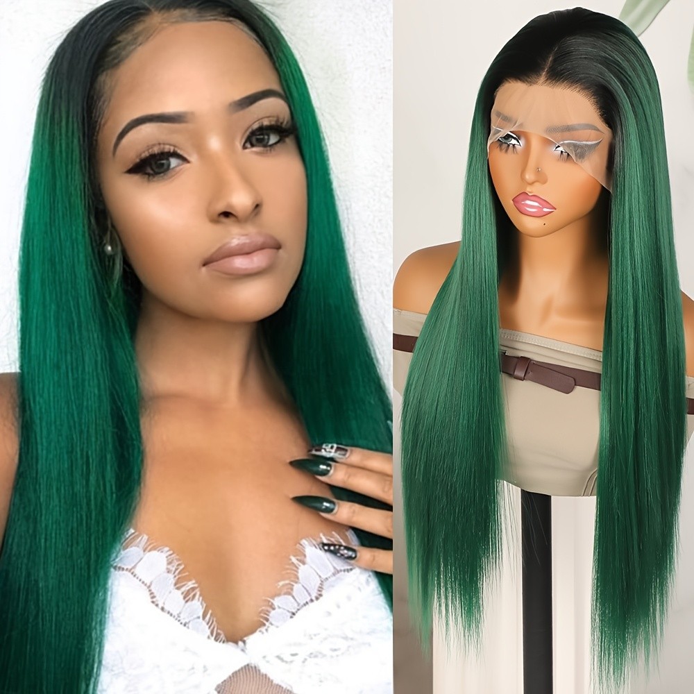 Heat Resistant Lace Front Wigs Glueless Long Silky Straight Hair Ombre Green Wig