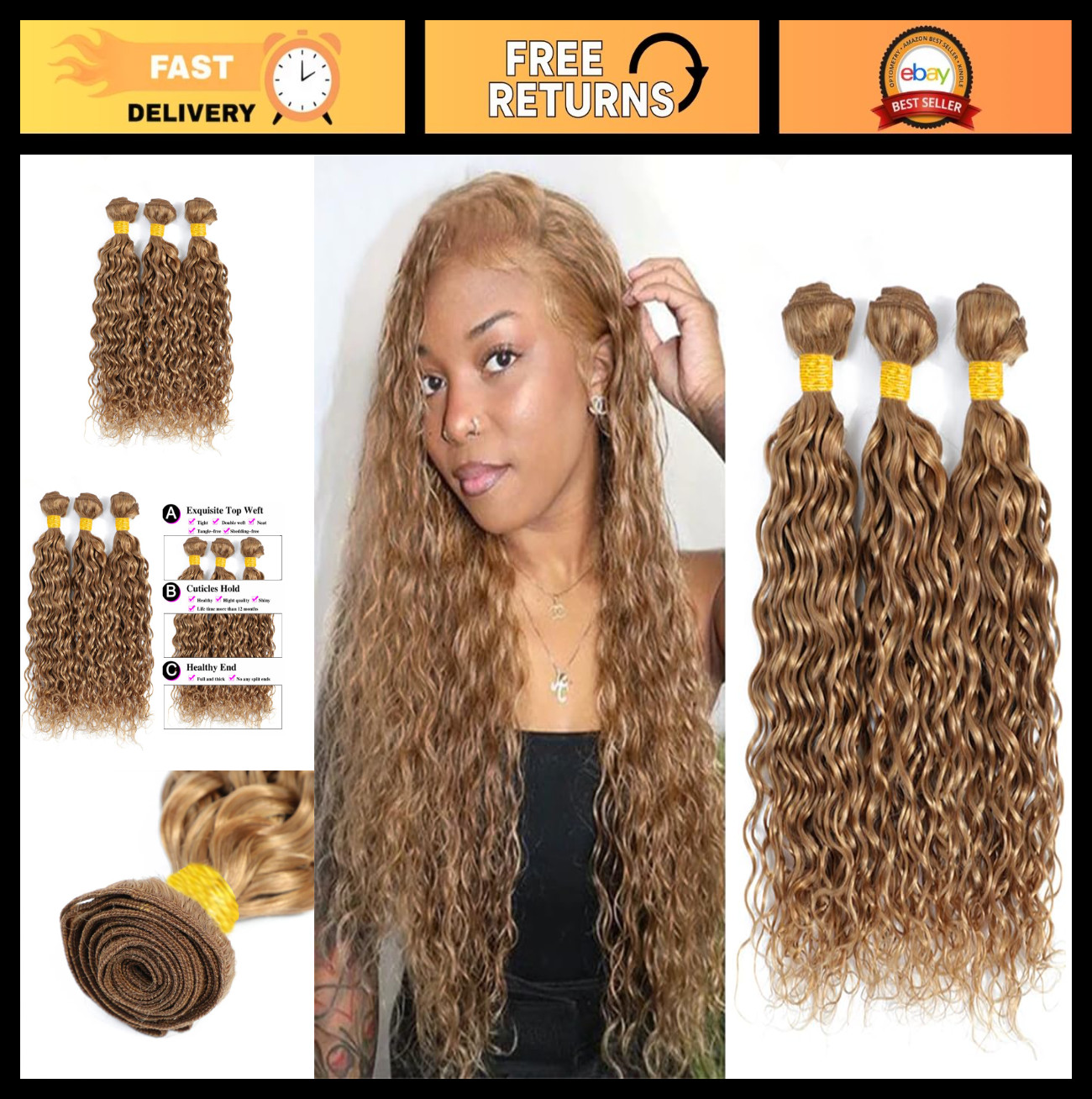 24 26 28 Inch Honey Blonde Water Wave Human Hair Bundles – Brazilian Remy Double