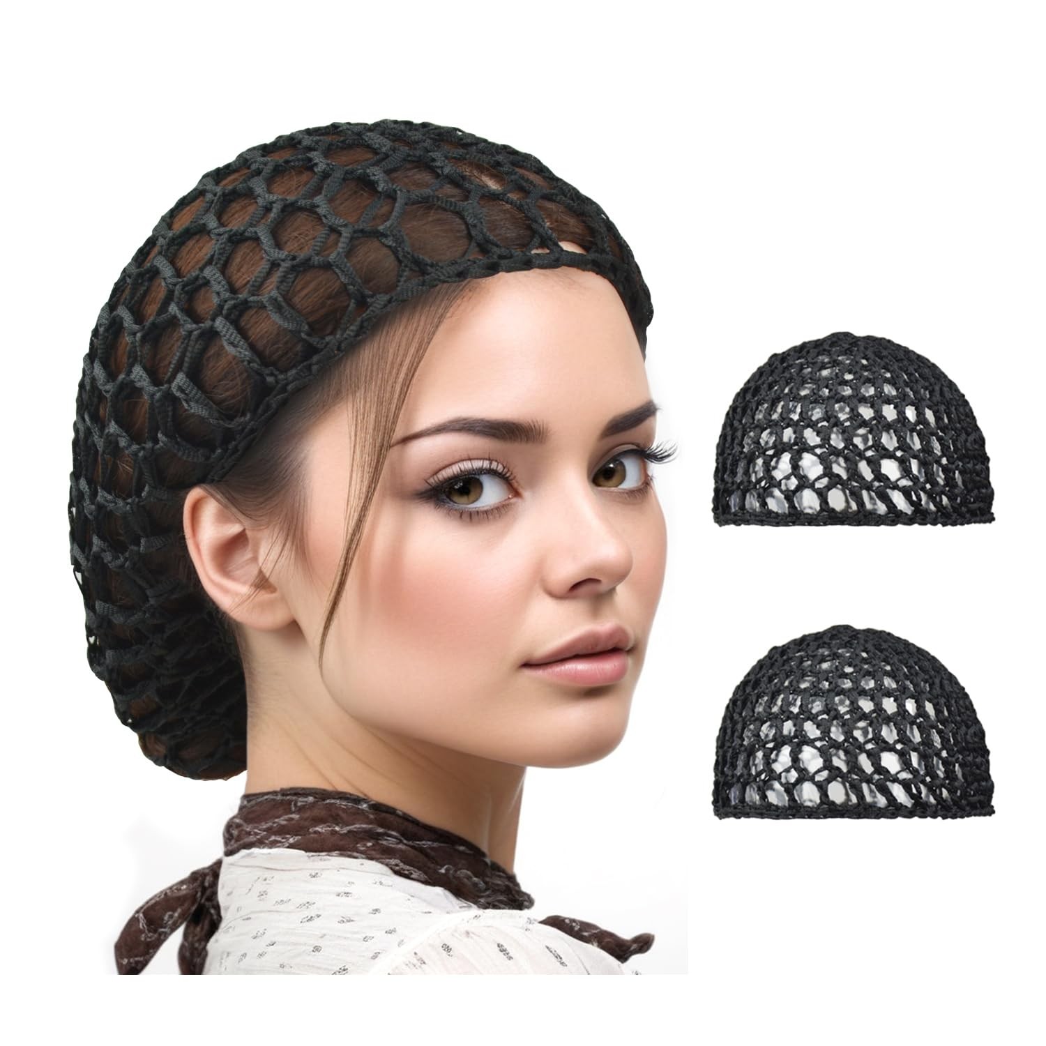 2 Pieces Black Hair Nets Cap Mesh Crochet Net Rayon Knit 2 Pcs