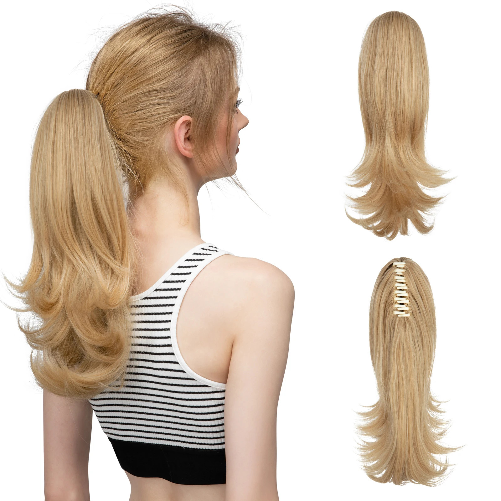 14 Inch Synthetic Claw Clip Ponytail Extensions Wavy Blonde Black Hair