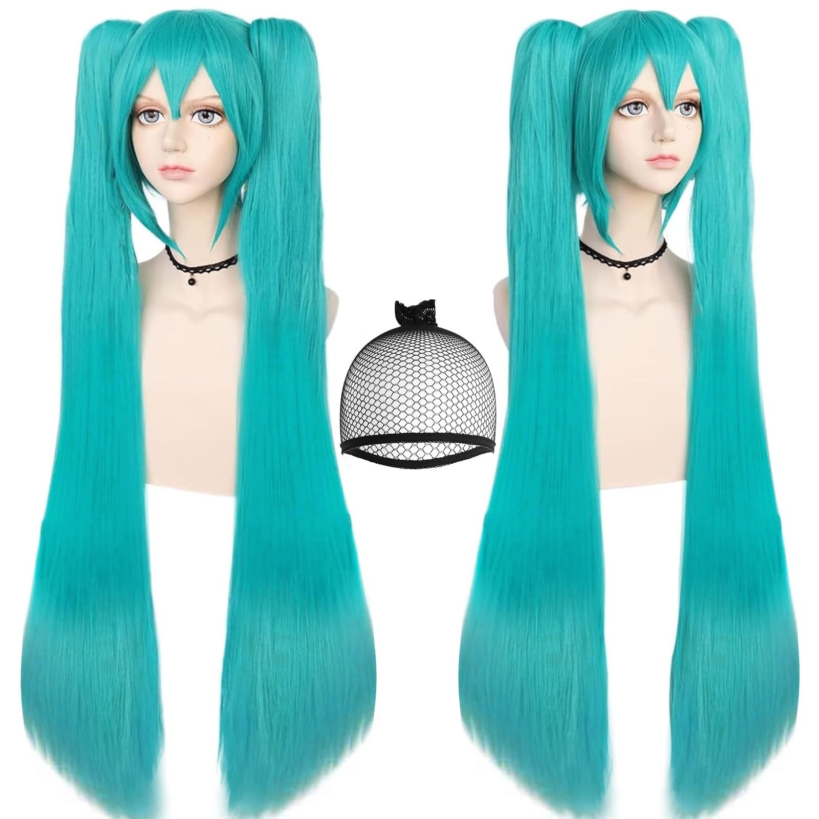 Hair Cap+48inch/120cm Green Wig Cosplay Green Teal wig Double Ponytail Wig, L…