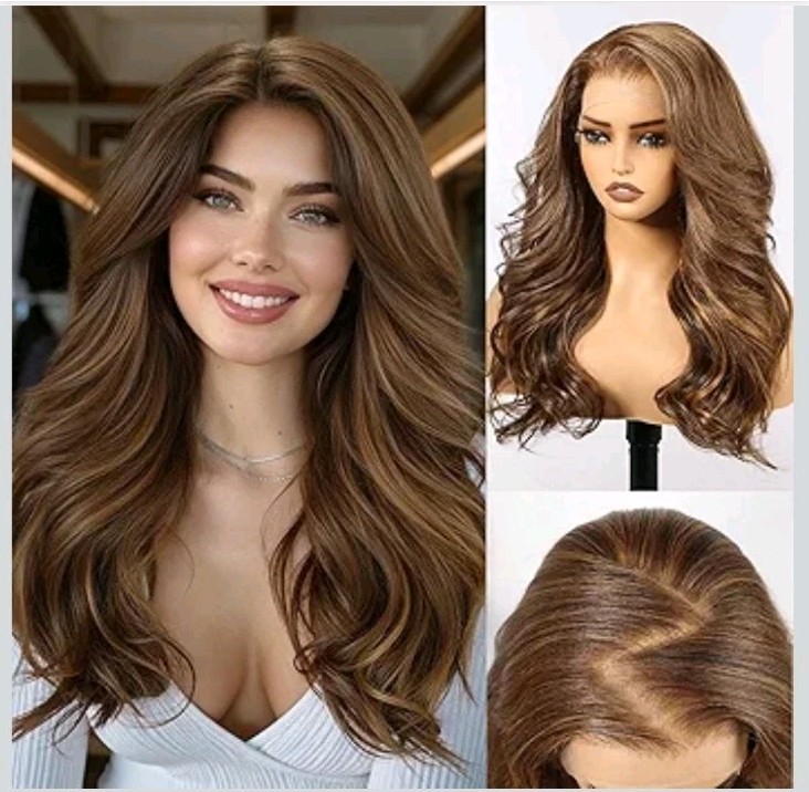 13X6 HD Synthetic Lace Front Wig, 24 Inch Mixed Brown Long Curly Layered Wig