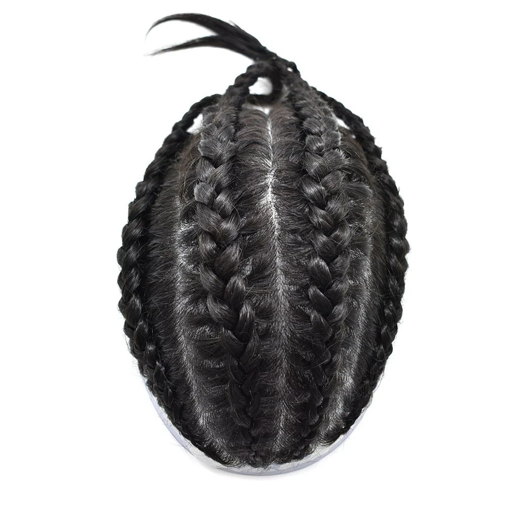 Mens Toupee Cornrow Braids Full Poly Box Braided Mens Hairpiece Male Braiding