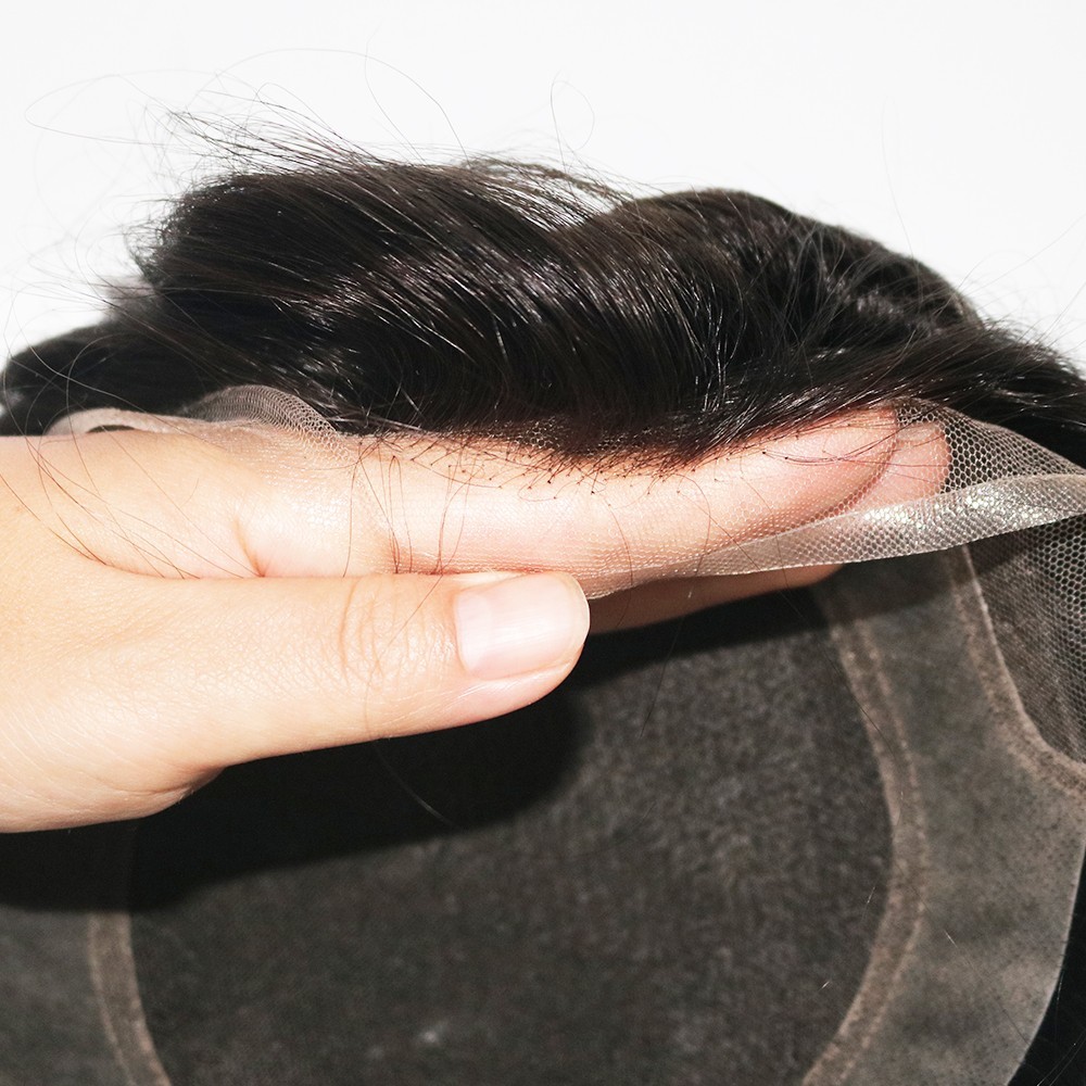 Natural Hairline Toupee French Lace with Pu Human Hair Wig System Mens Units