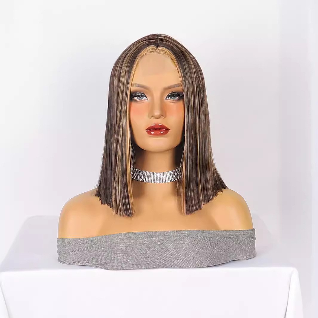 Small Lace Brown Highlight Short Straight Wig For Women Synthetic Heat