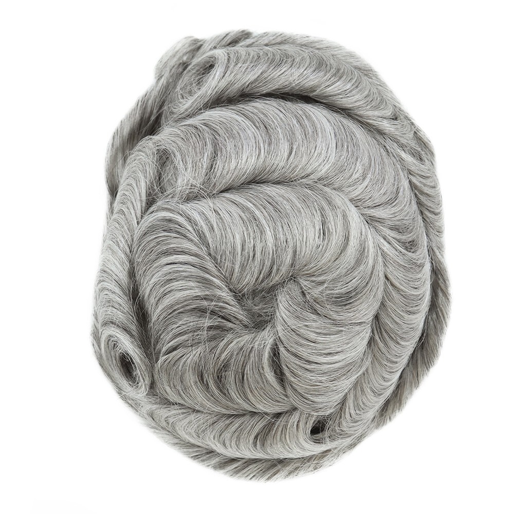 Mens Toupee Thin Skin Knotted Human Hair Replacement System Grey Hair Hairpiece