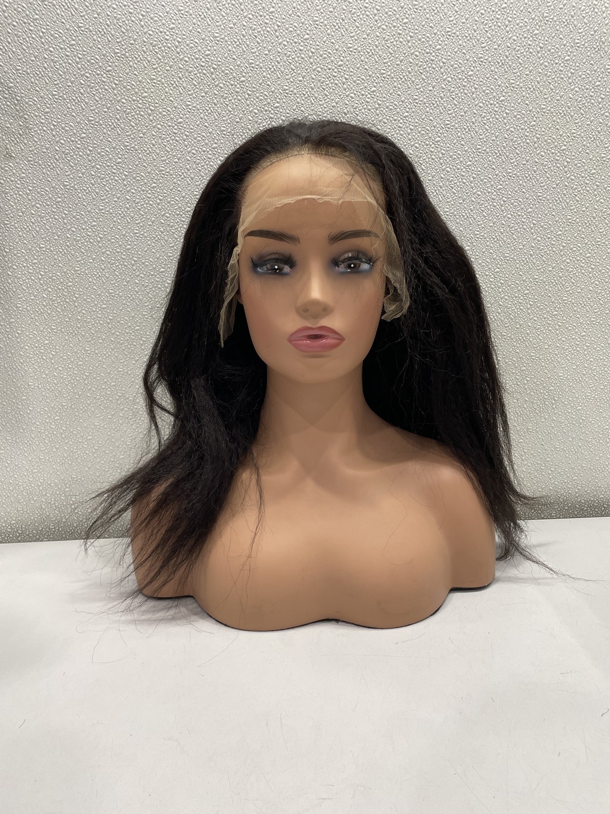 OQ Natural Black Kinky Straight Human Hair Lace Front Glueless Wig, 18″