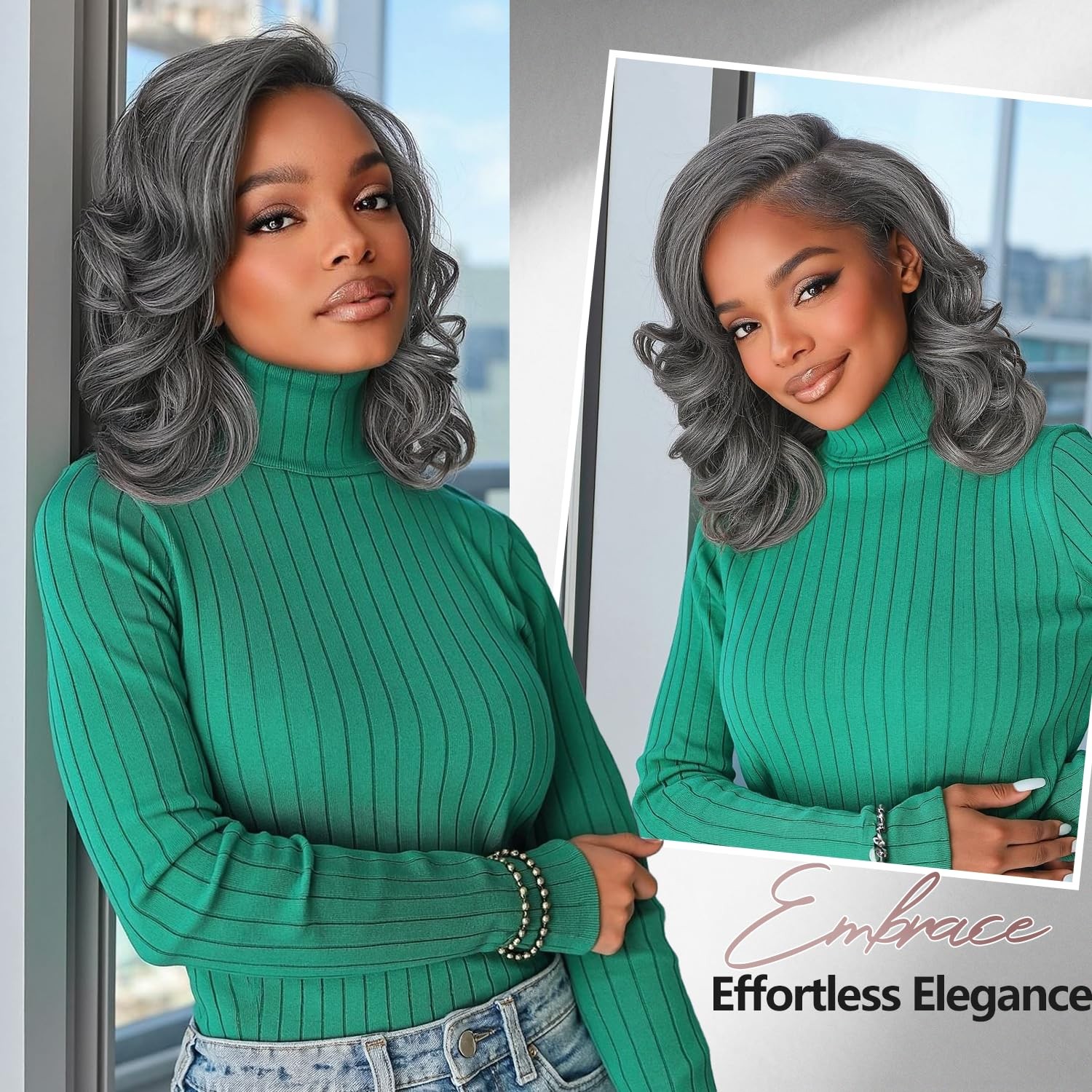 Quickwig Short Loose Wave Bob Wig Side Part Body Wave Wigs Salt Pepper Curly