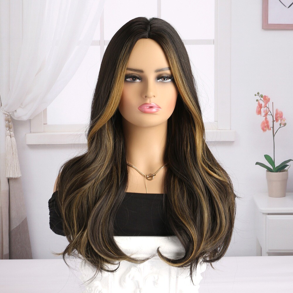24″ Long Brown to Gold Ombre Wavy Wig for Women Heat Resistant Synthetic Cosplay