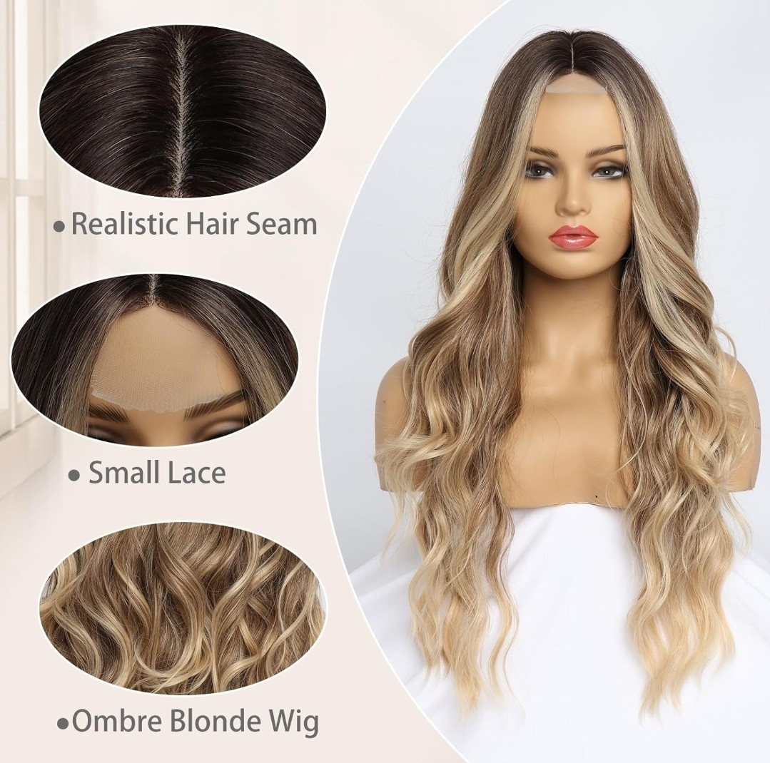 HD Lace Front Wig Human Hair Blend Highlights Wavy Brown X Blonde Balayage