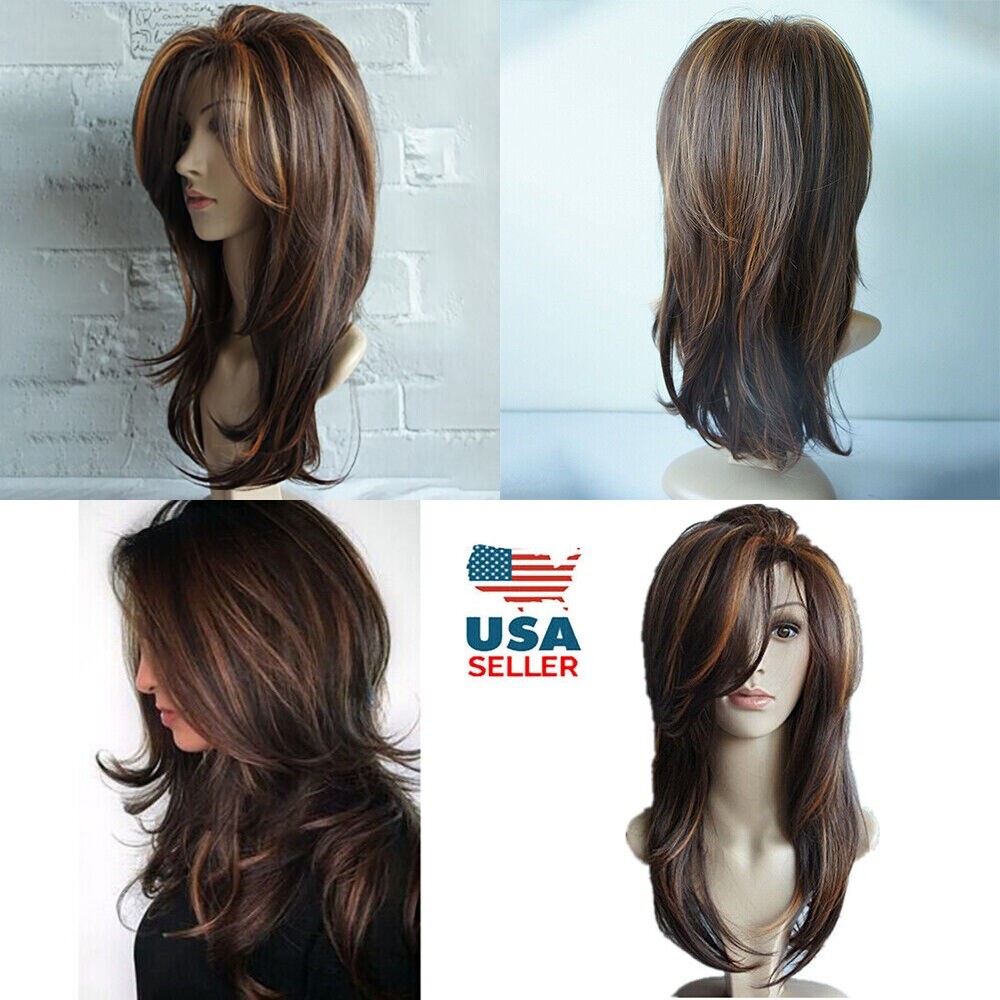Dark Brown w/Gold Highlight Ombre Shoulder Length Wig Women Synthetic Curly Hair