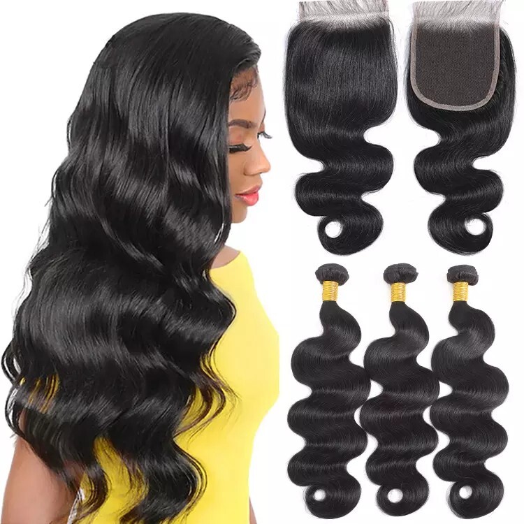 human hair weave bundles with 4×4 closure 8” body wave color 1#