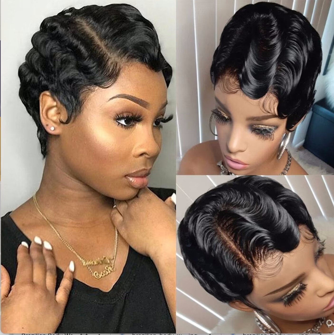 Black Finger Wave Pixie Cut L Part Lace Front Wigs Cosplay Party Human Hair Wigs