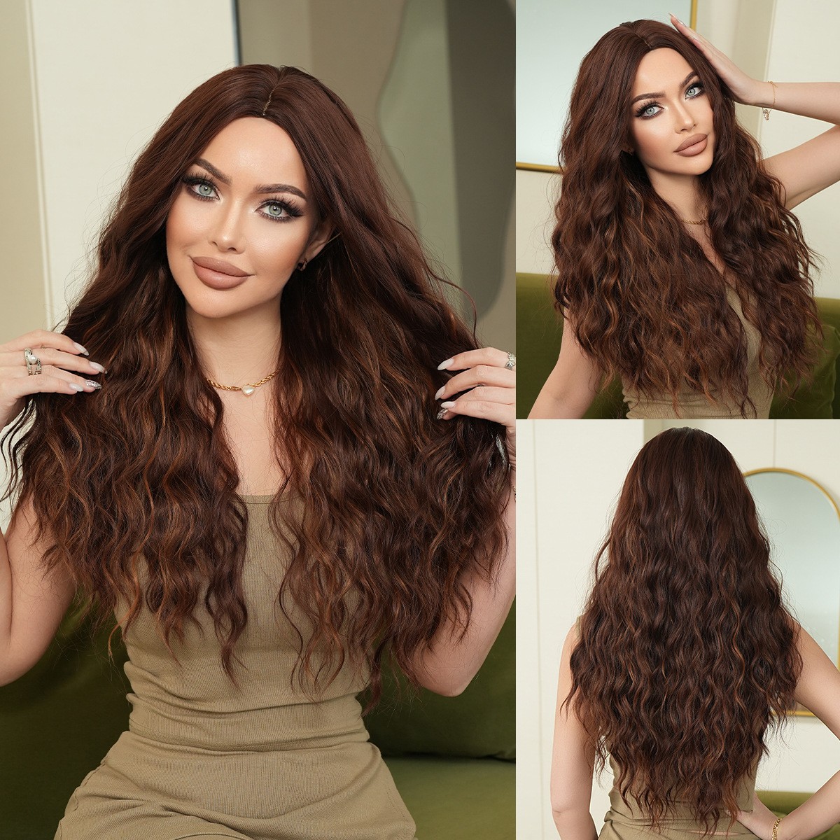 Honey Brown Middle Part Long Curly Full Wig for Women Fluffy Synthetic Hair Wig