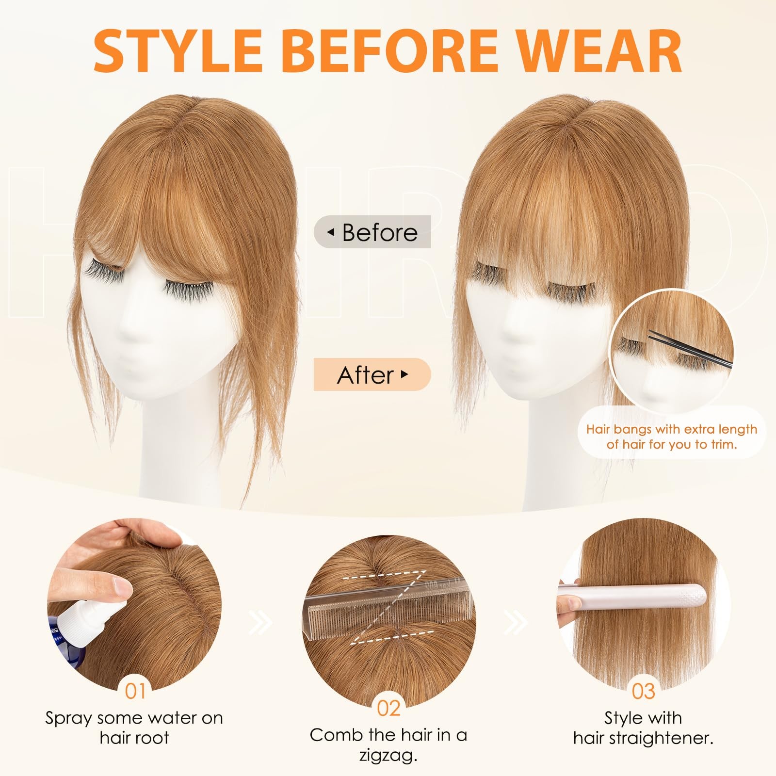 Hairro Human Hair Toppers For Women Wispy Air Bangs 3D Cover Remy Top Hair