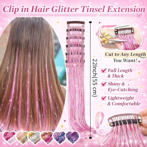 Hair Tinsel 12 Pcs Clip in Hair Tinsel Kit for Girls 22 Pink/Rainbow-12 Pcs