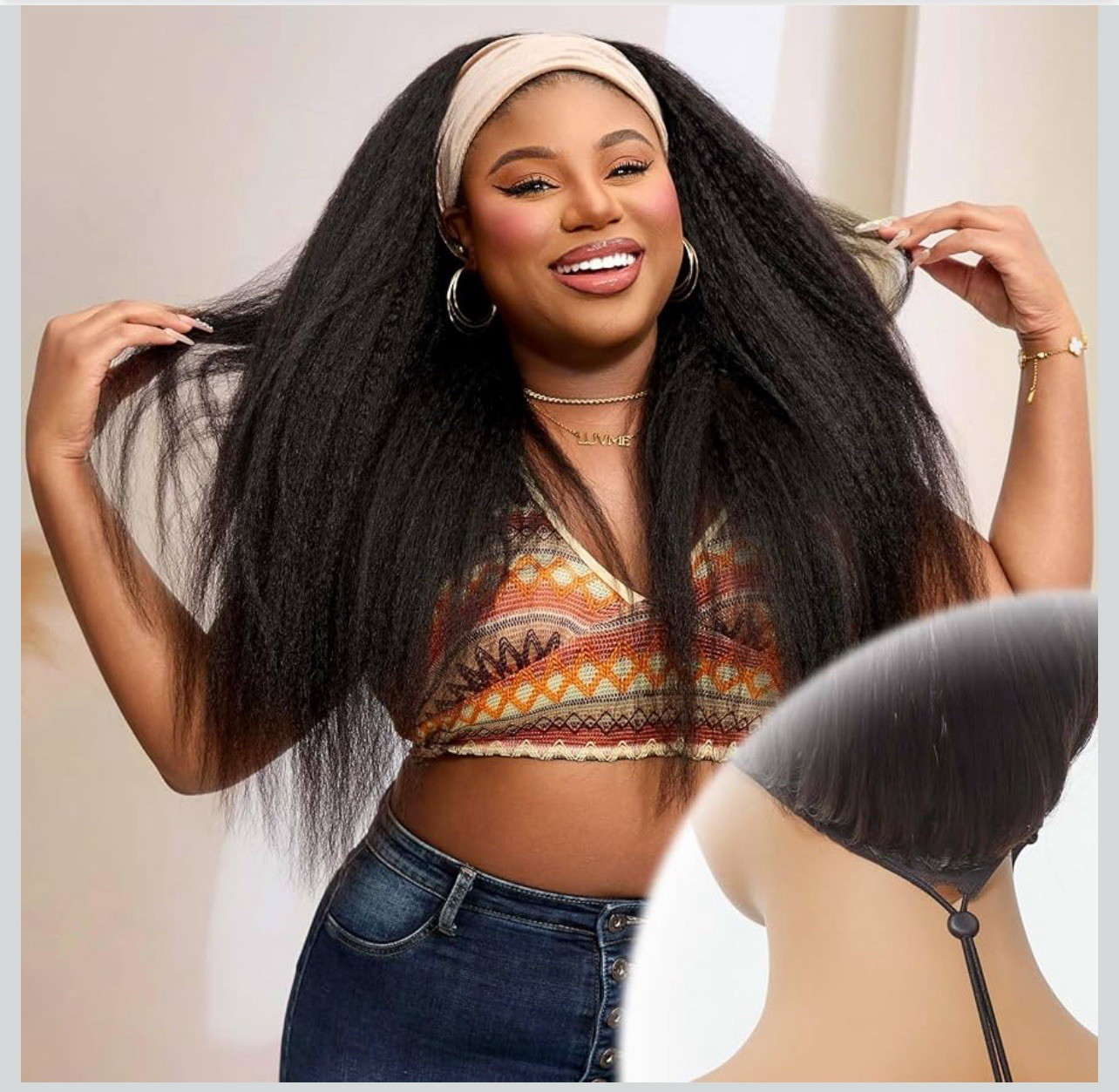 LUVME HAIR Headband Wig Human Hair Kinky Straight Drawstring Half Wig 16”
