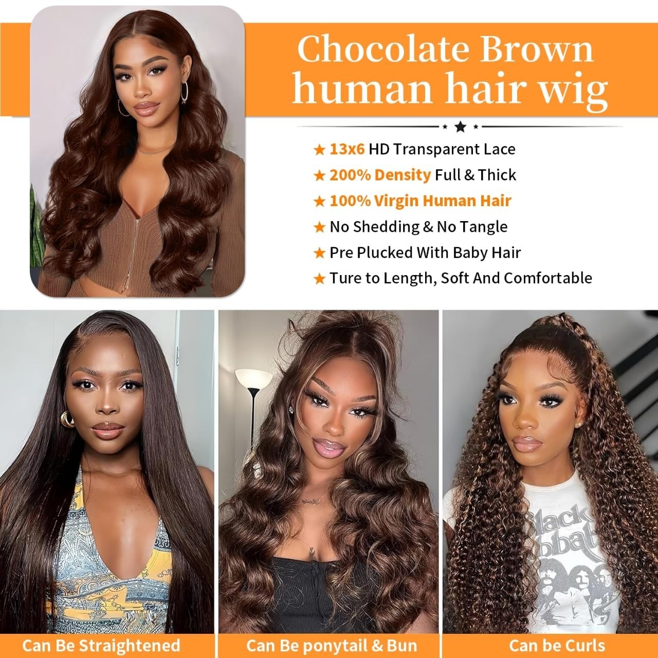 30″ Chocolate Brown Body Wave Lace Front Wig, 200% Density, Pre-Plucked Human Ha