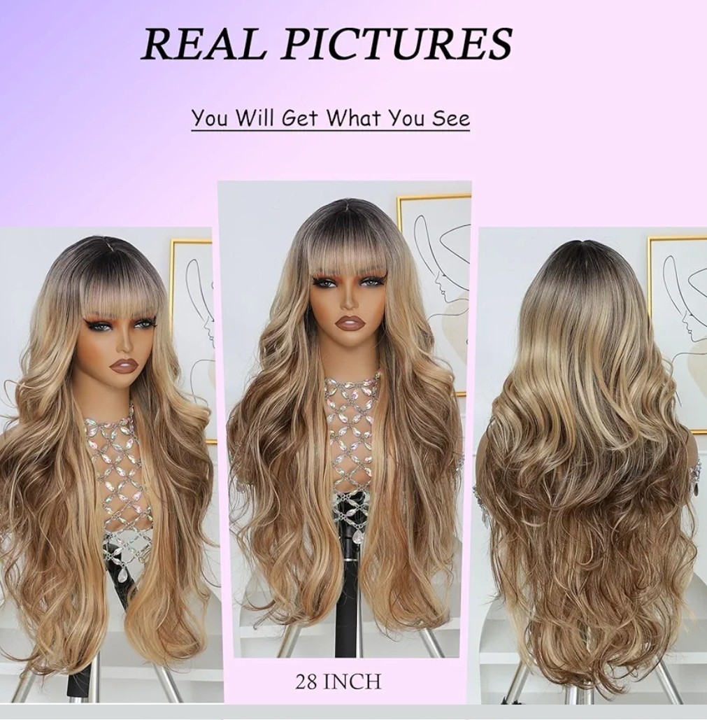 Long Platinum Blonde Dark Brown Balayage Wig – Human Hair Blend Multicolor