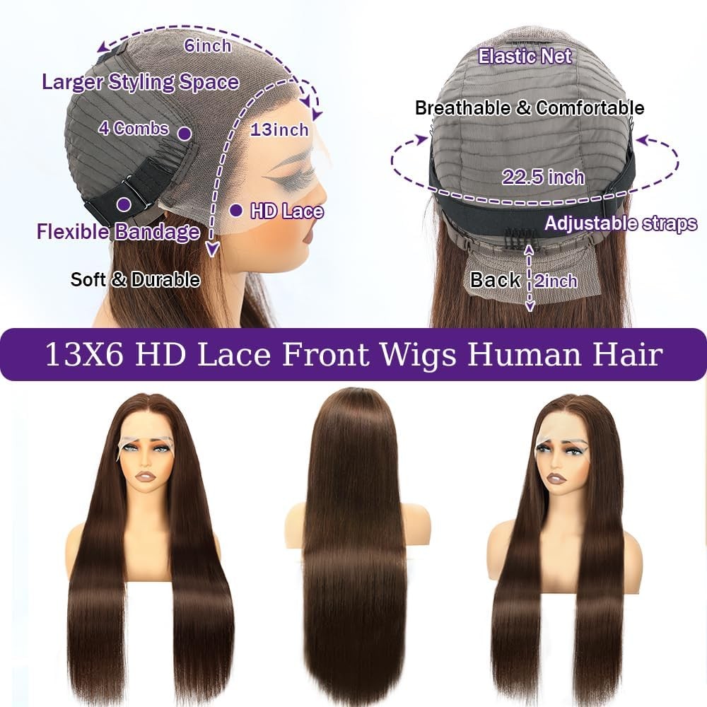 Swothew Brown Human Hair Wig Chocolate Brown Human Hair Wig 200 Density 13X6