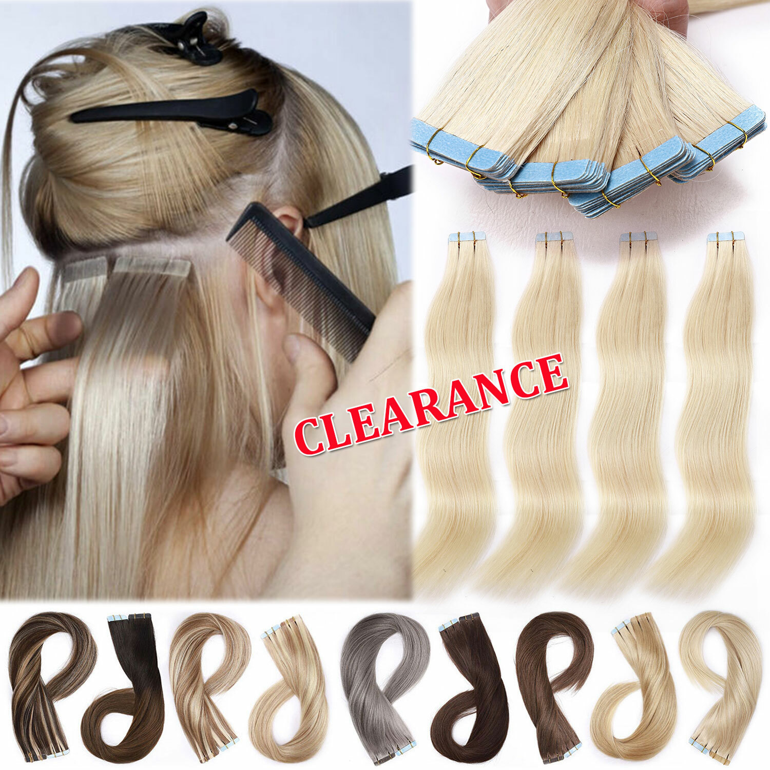 CLEARANCE 100% Real Remy Thick Tape In Human Hair Extensions Skin Weft Full Head