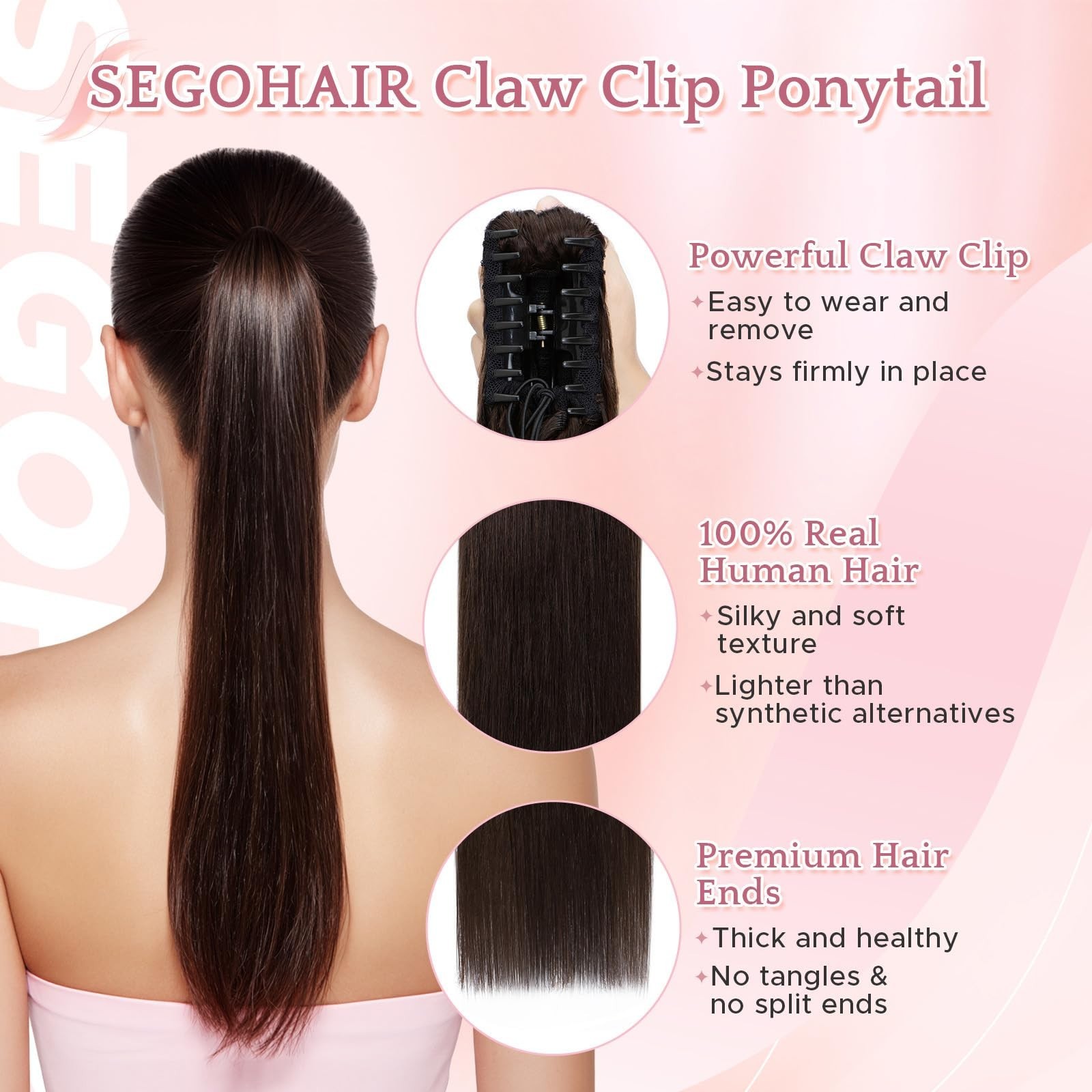 Human Hair Claw Clip Ponytail Extension 22″ 120g Dark Brown Clip-In for Women