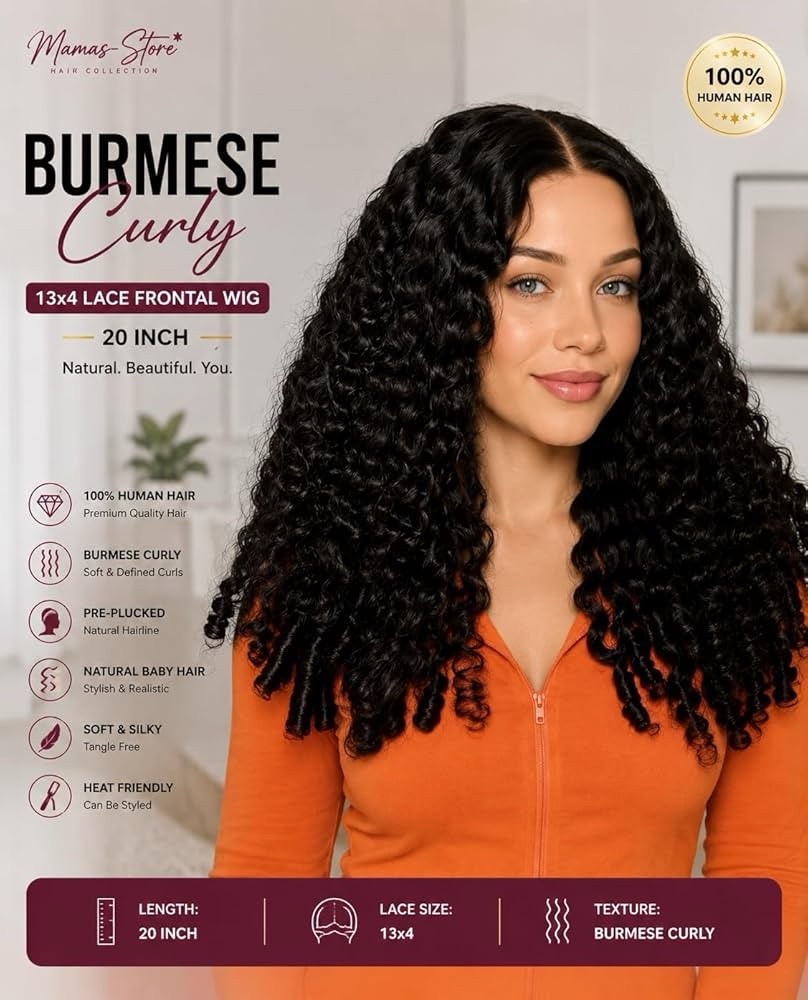 Luxury Burmese Curly 13×4 Lace Frontal Wig – 20 Inch, 100% Human Hair with soft