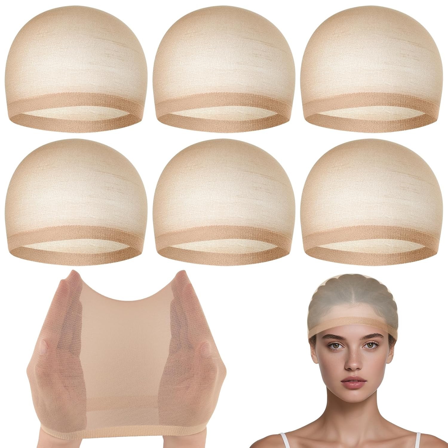 PLULON 6 Pcs Wig Cap for Women, Mesh Stocking Caps Net Closed 6P, Nude