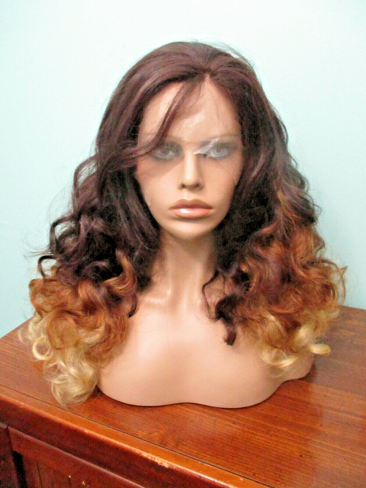 20″ curly blonde / brunette triple color lace front hand tied wig – Jasmine