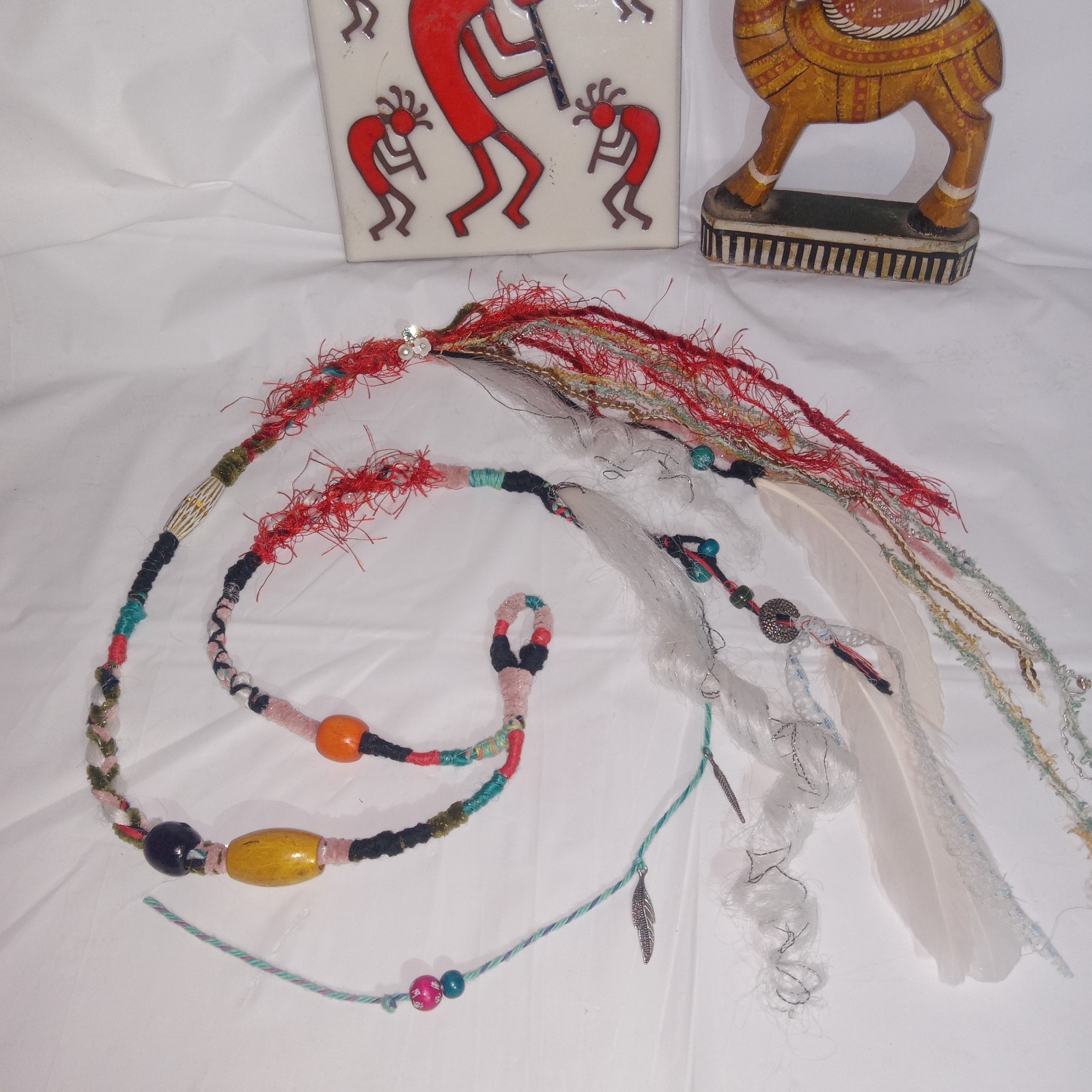 62″ double-ended Dread white loc Hair Wraps Beads Boho feather extension Ombre