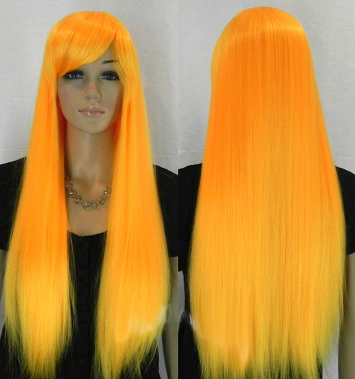 Hot Sell Fashion Long Orange Yellow Straight Women Lady Girl Hair Wig Wigs +Cap