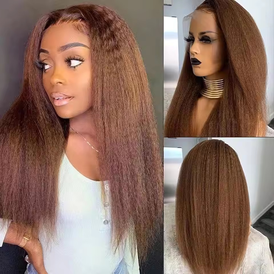 Kinky Straight Chocolate Brown Human Hair Wigs 200% Density 360 Lace Frontal Wig