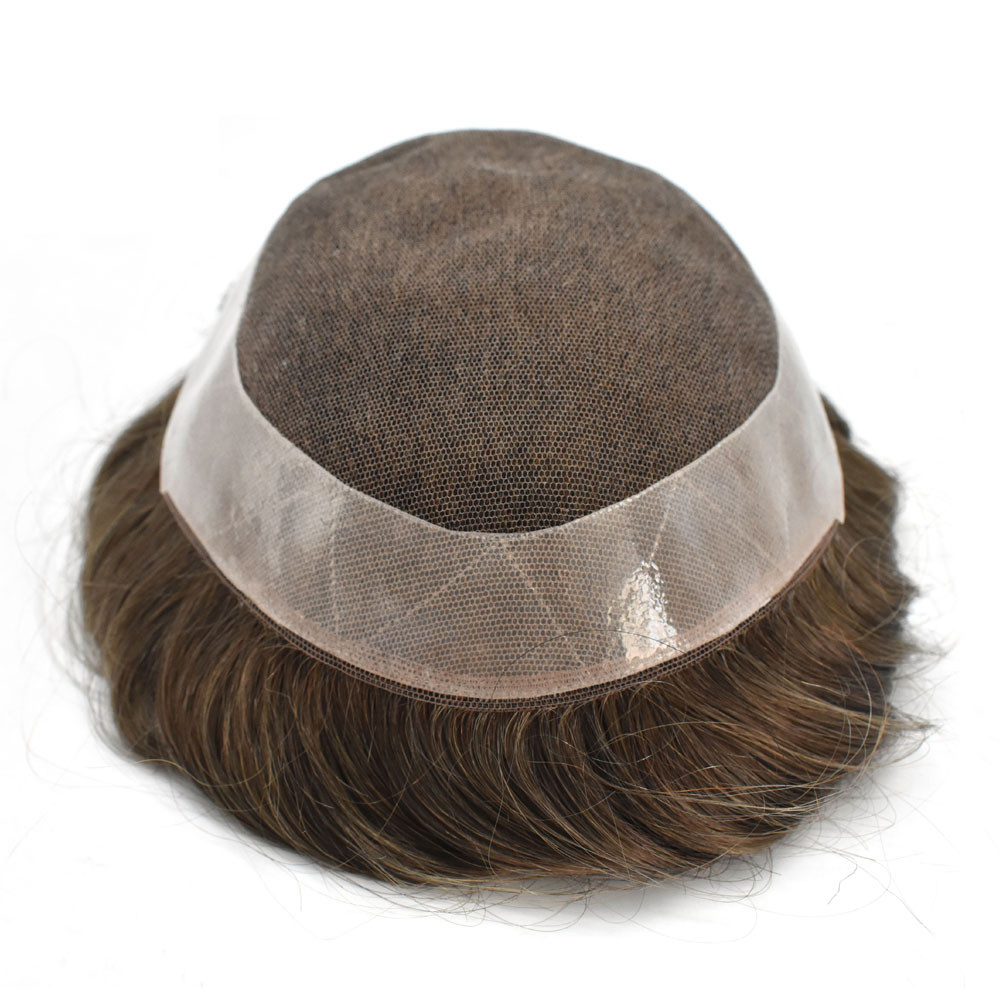 French Lace Front Mens Toupee Lace Hairpiece Poly Hair Replacement PU Around Wig