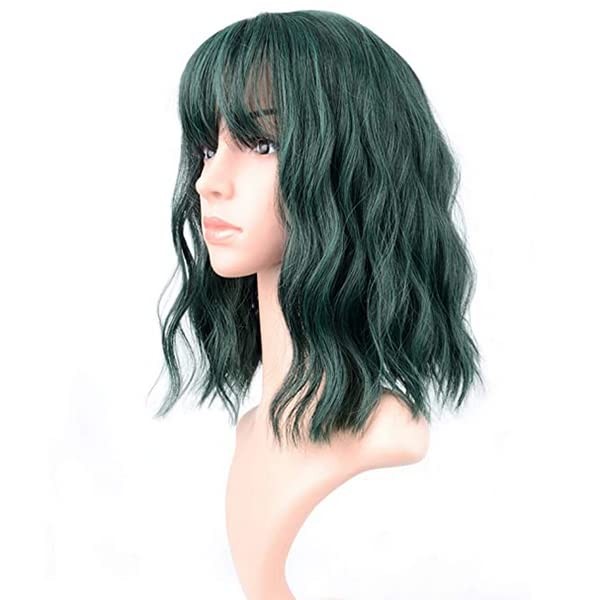 Faelbaty Short Green Wigs Air Bangs Shoulder Length Bob Wig For Women Curly