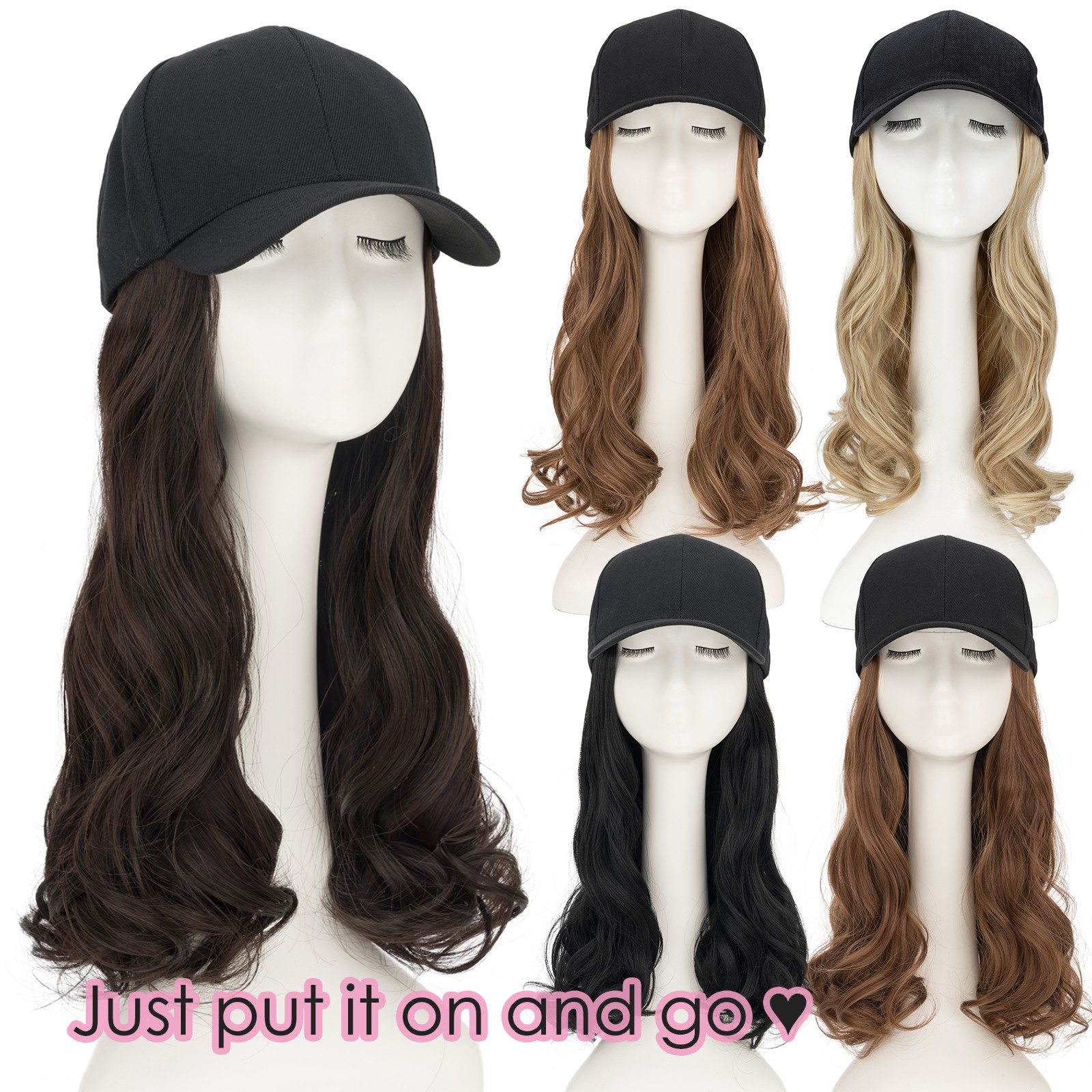 Baseball Cap Black Hat with Long Wavy Synthetic Hair Wig for Women Long FullHead