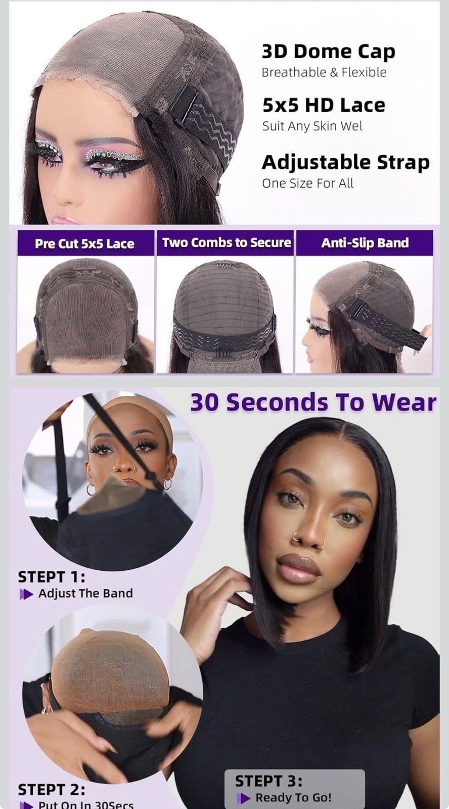 Wear and Go Bob Wig Human Hair 180 Density 5×5 HD Pre everything 10 Inch