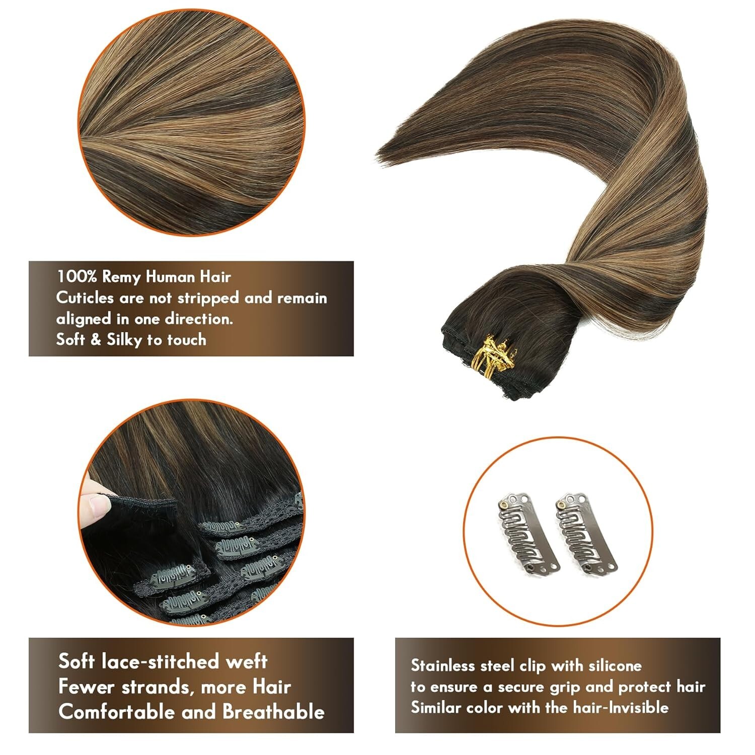 7pcs Clip in Hair Extensions Human Hair Extensions Dark Brown w/Chestnut 20″