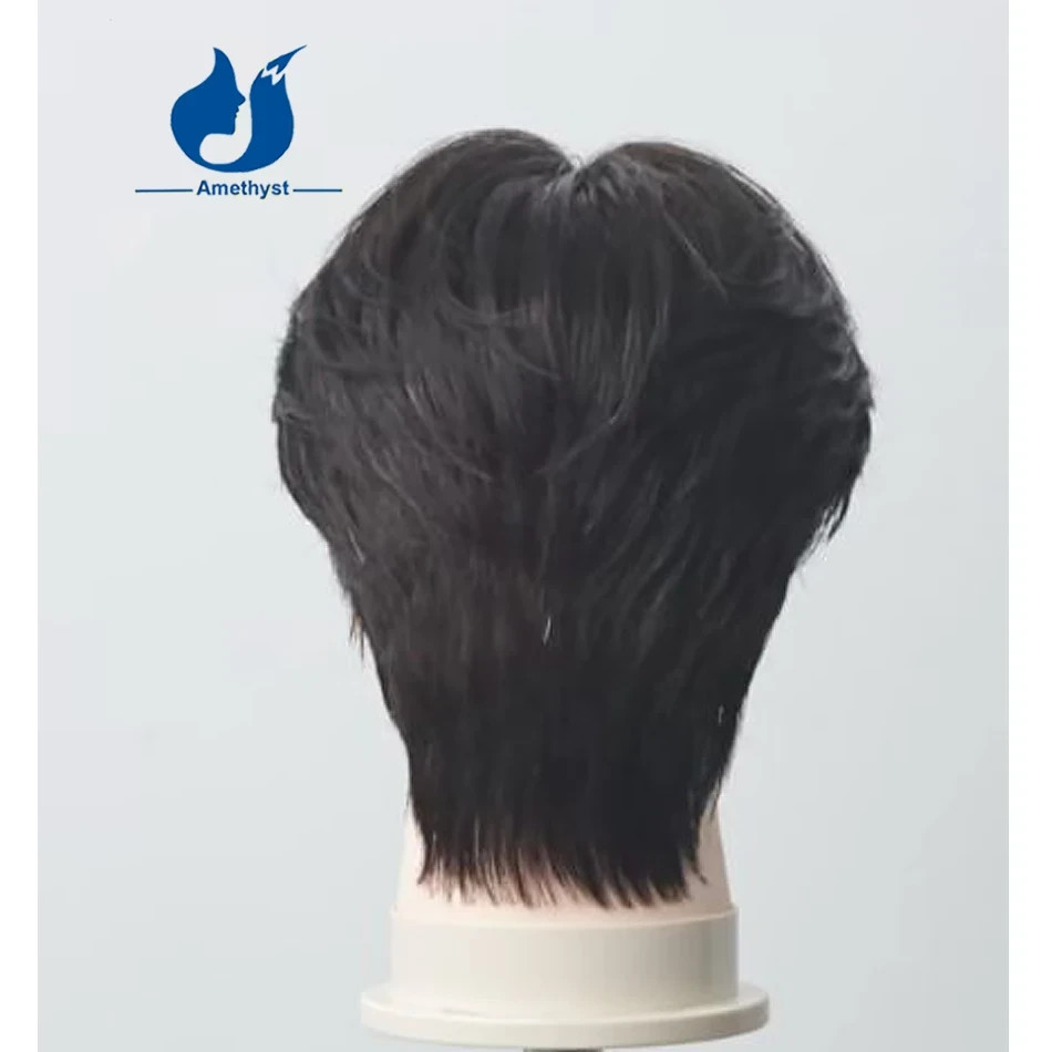 Black Straight Short Pixie Cut Wig for Men Human Hair with Bangs Full Lace Wig