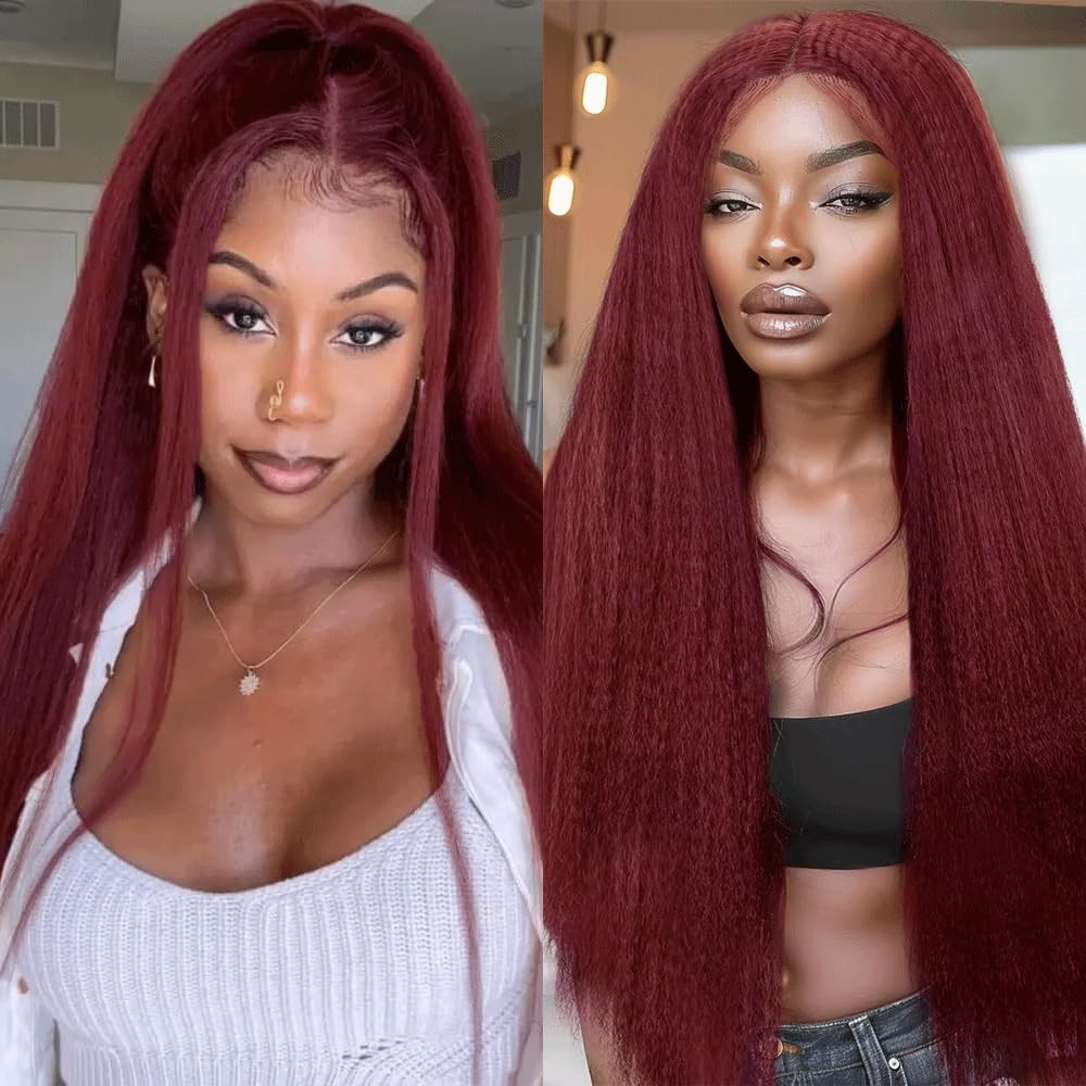 13×4 Kinky Straigh 99J Burgundy Human Hair Transparent Lace