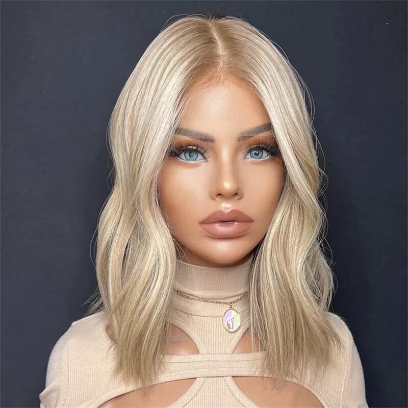 Ash Brown with White Blonde Highlight Human Hair Lace Front Wigs 21inch cap size
