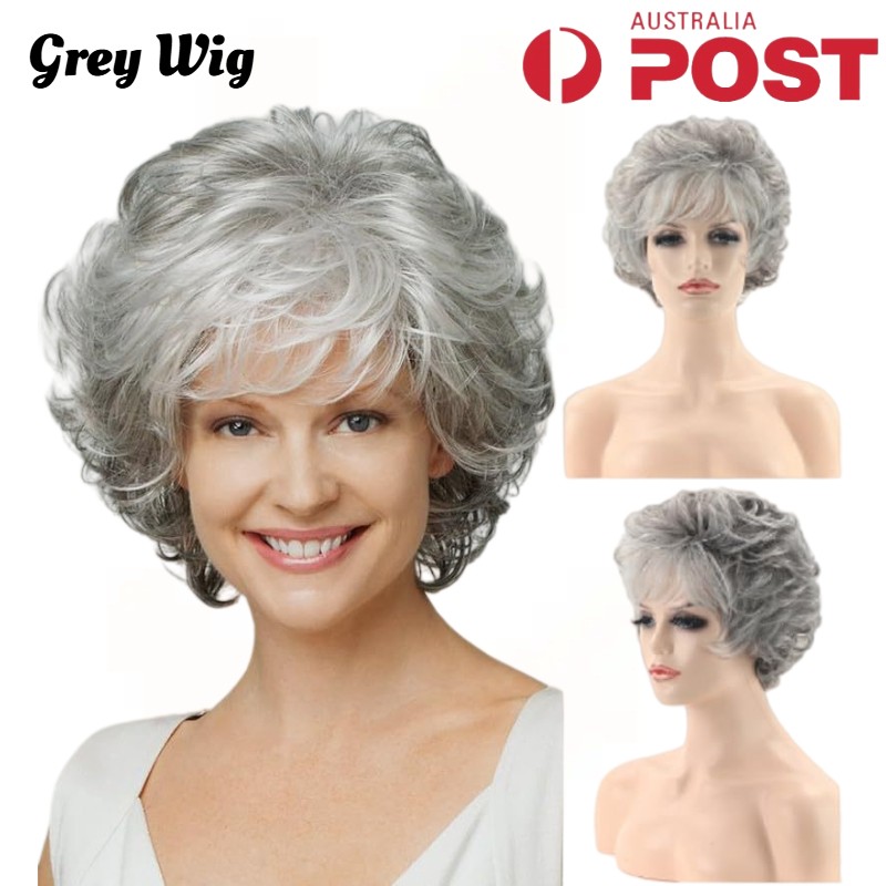 Women Grey Wig Gray Layered Short Beanie Hairpiece Universal Silver Cosplay Wigs