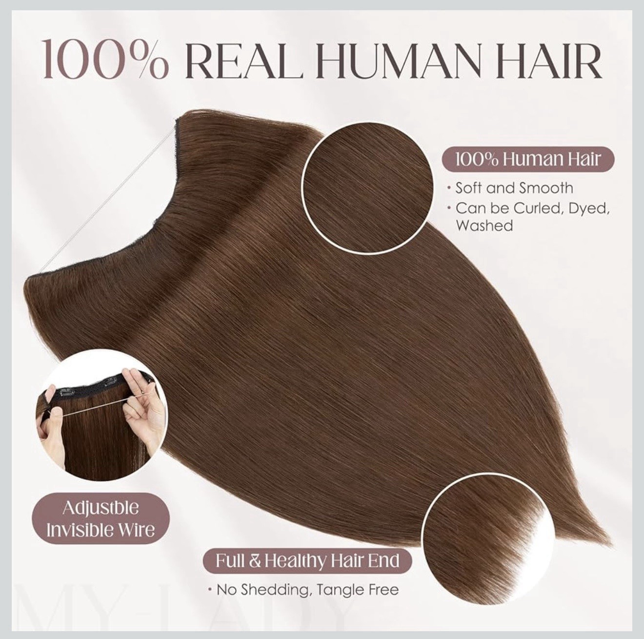 MY-LADY Medium Brown 18 Inch Straight Human Hair Halo Extensions Clip-In Beauty