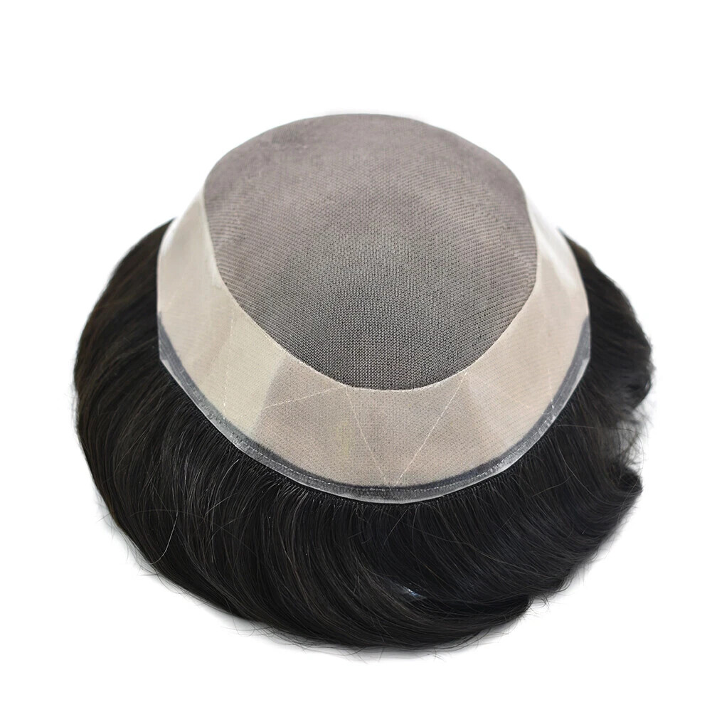 Mens Human Hair Replacement System Hairpiece Fine Mono Poly Skin Mens Toupee Wig