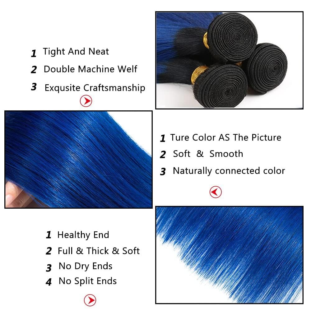 Luxvogue 14 16 18 Inch T1B Blue Brazilian Virgin Straight Human Hair 3 Bundles