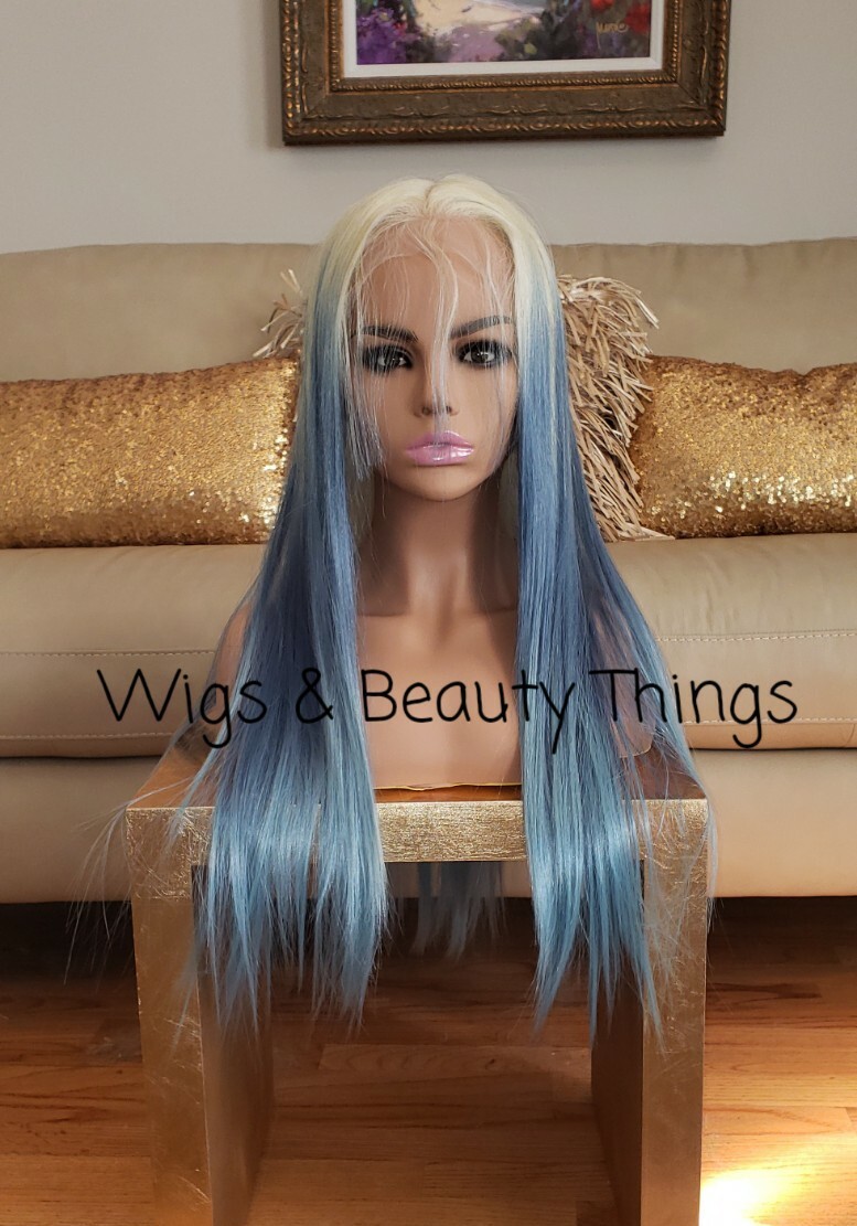 Long Front Lace Wig – Human Hair Blend – Blue Balayage Rainbow Multicolor silk