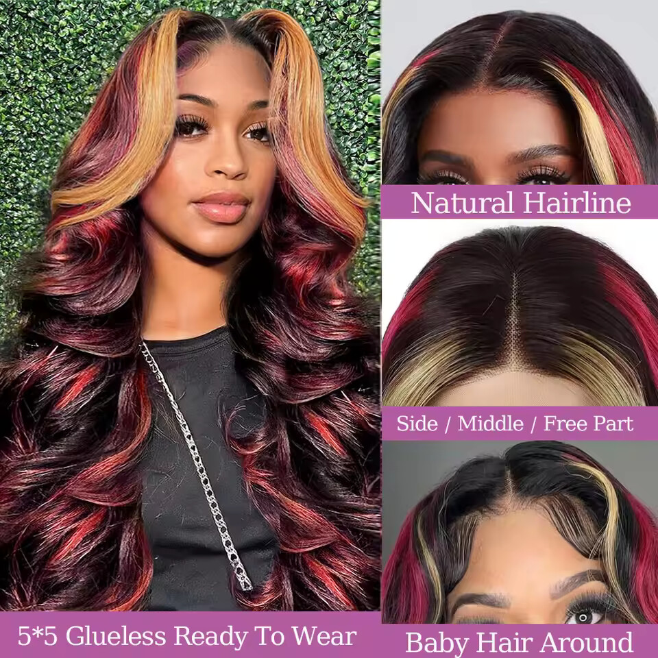 Ombre Red With Blonde Highlights Body Wave Glueless Wigs Human Hair Burgundy Red