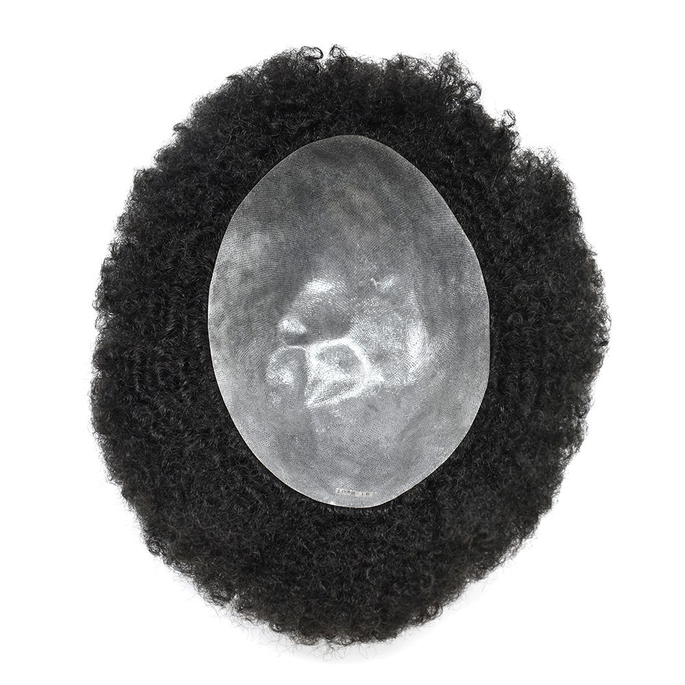 Afro Curl Mens Toupee Full Poly African American Hair System Replacement for Men